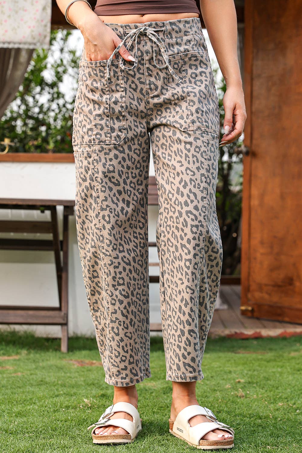 Leopard Drawstring Waist Pocketed Wide Leg Jeans