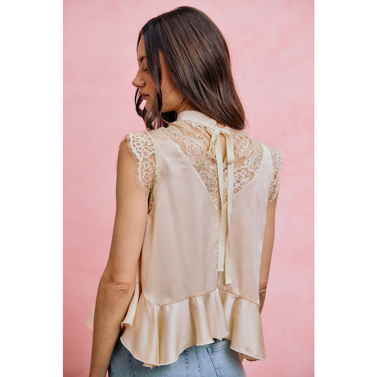 A New Arrival SATIN MOCK NECK LACE TRIM PEPLUM BLOUSE TOP: CREAM