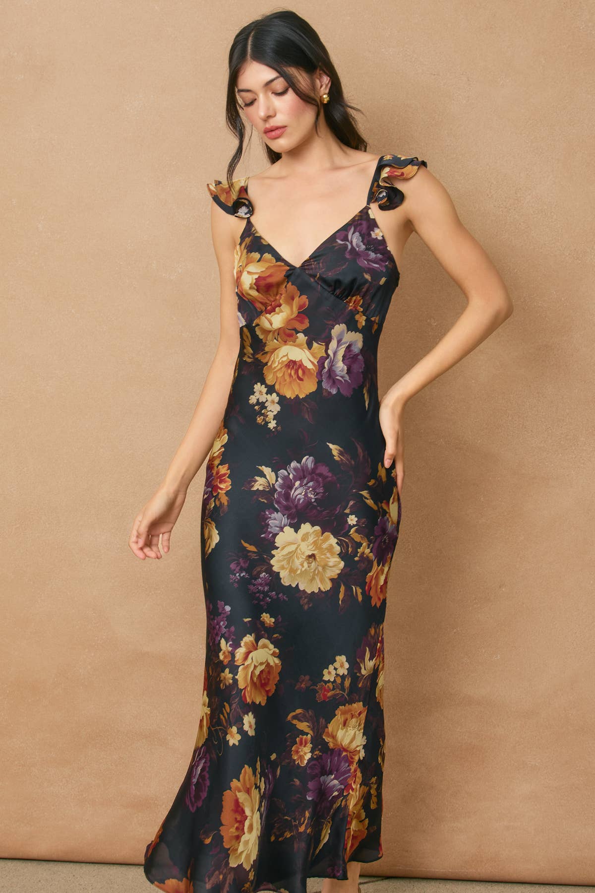 A New Arrival Floral Flutter Shoulder Maxi Dress: NIGHTFALL FLORAL