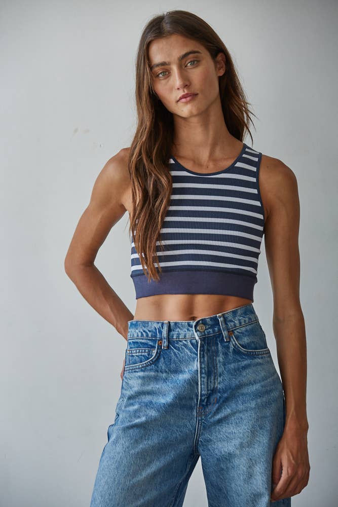 A New Arrival Knit Seamless Ribbed Striped Racerback Brami: Navy White