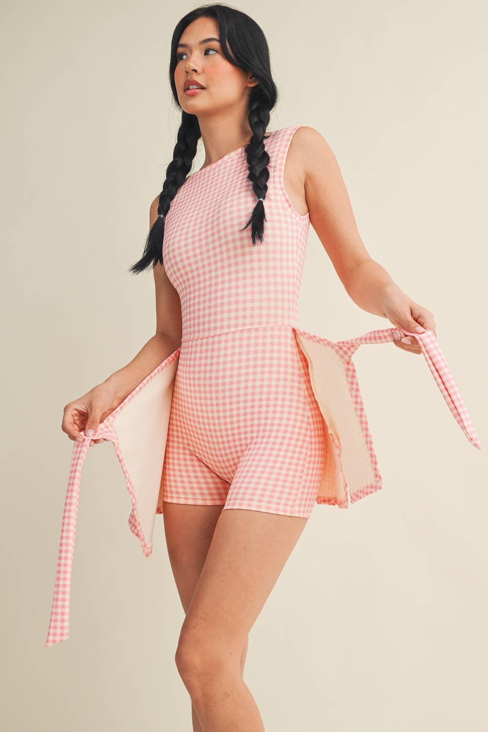 A New Arrival Gingham Print Sleeveless Wrap Tie Front Dress : Pink Gingham