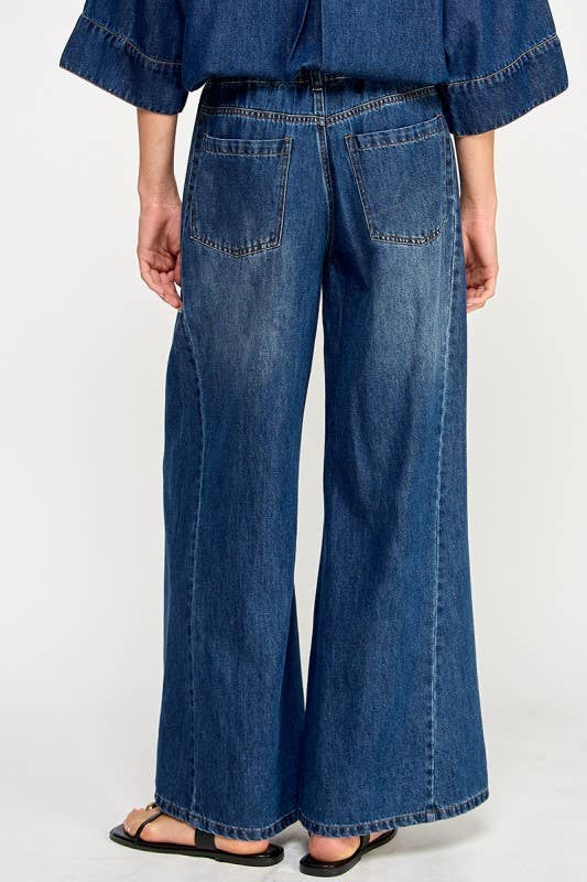 DRAWSTRING WIDE DENIM PANTS: Denim Blue