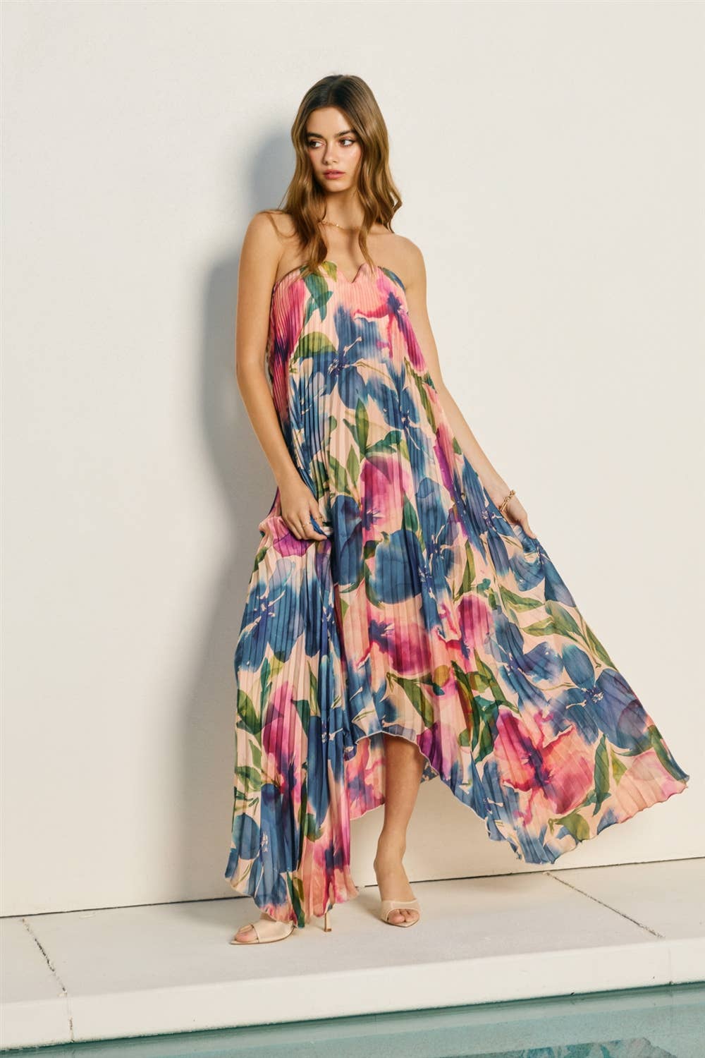 A New Arrival Floral Strapless Pleated Maxi Column Dress : LAPIS BLOOM