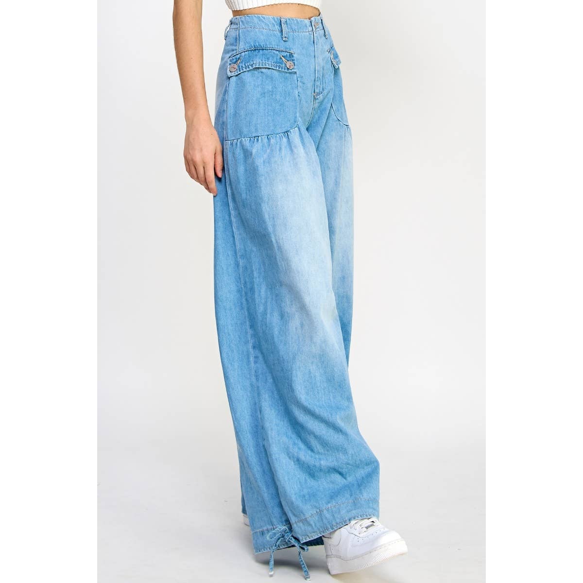 A New Arrival Ankle Drawstring Wide Denim Pants: Light Wash
