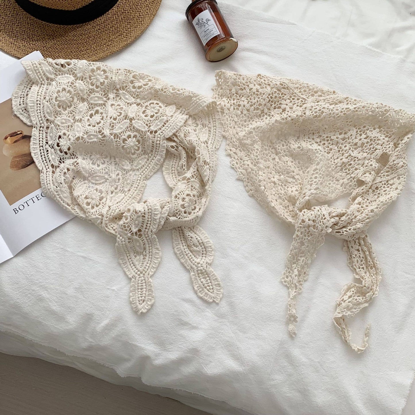 Cut Out Lace Crocheted Triangular Scarf: Apricot-1 / M