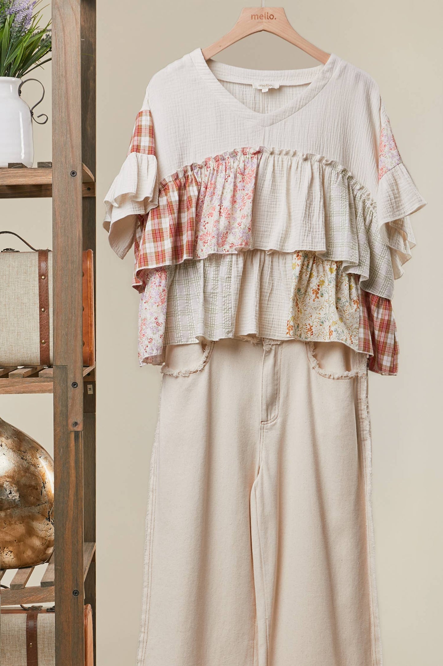Vintage Patchwork Ruffle Hem Top: Ivory Multi