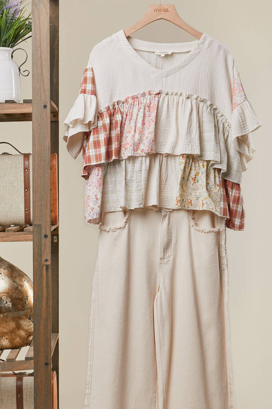 Vintage Patchwork Ruffle Hem Top: Ivory Multi