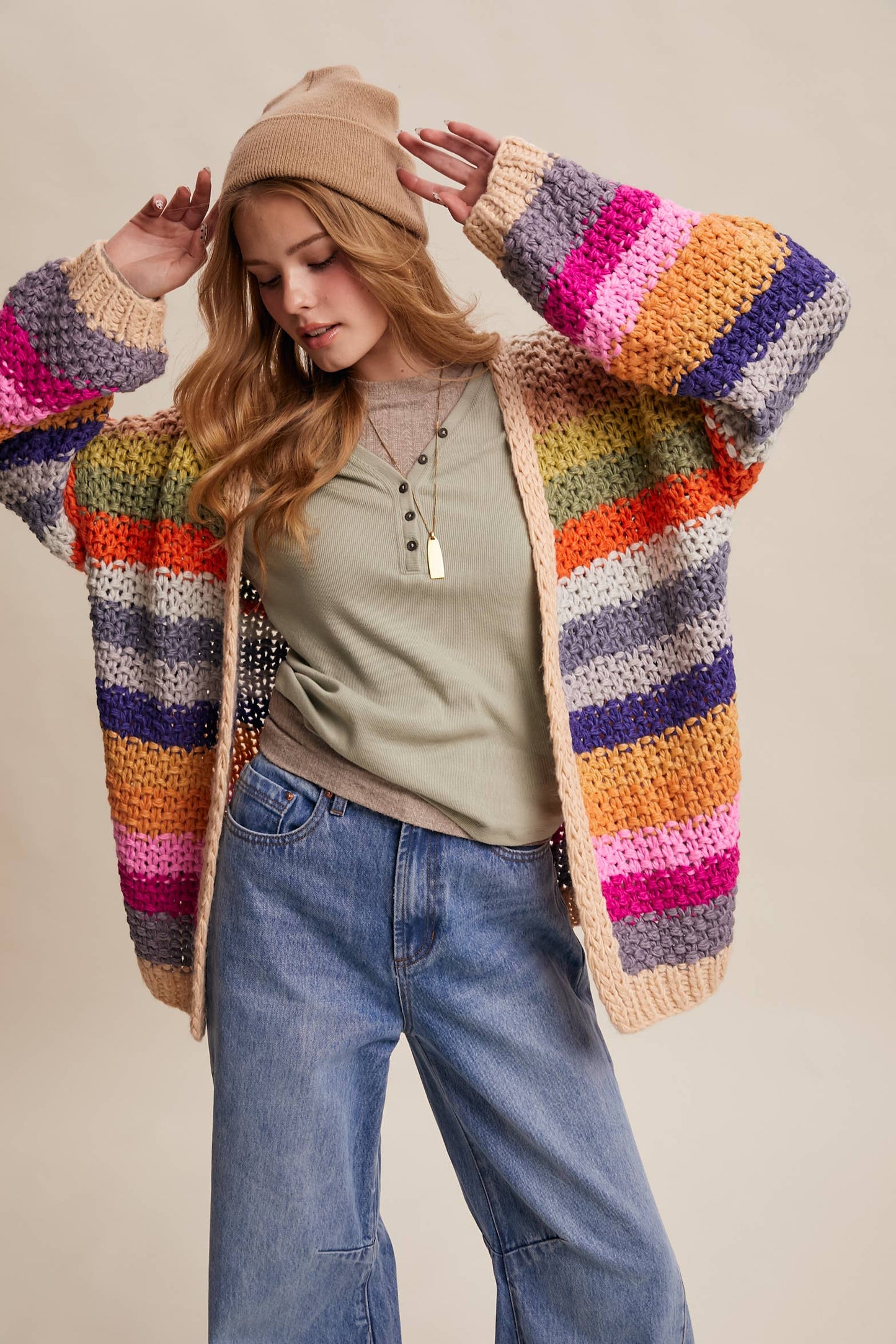 Rainbow Hand-Crochet Open Cardigan: Cream Multi