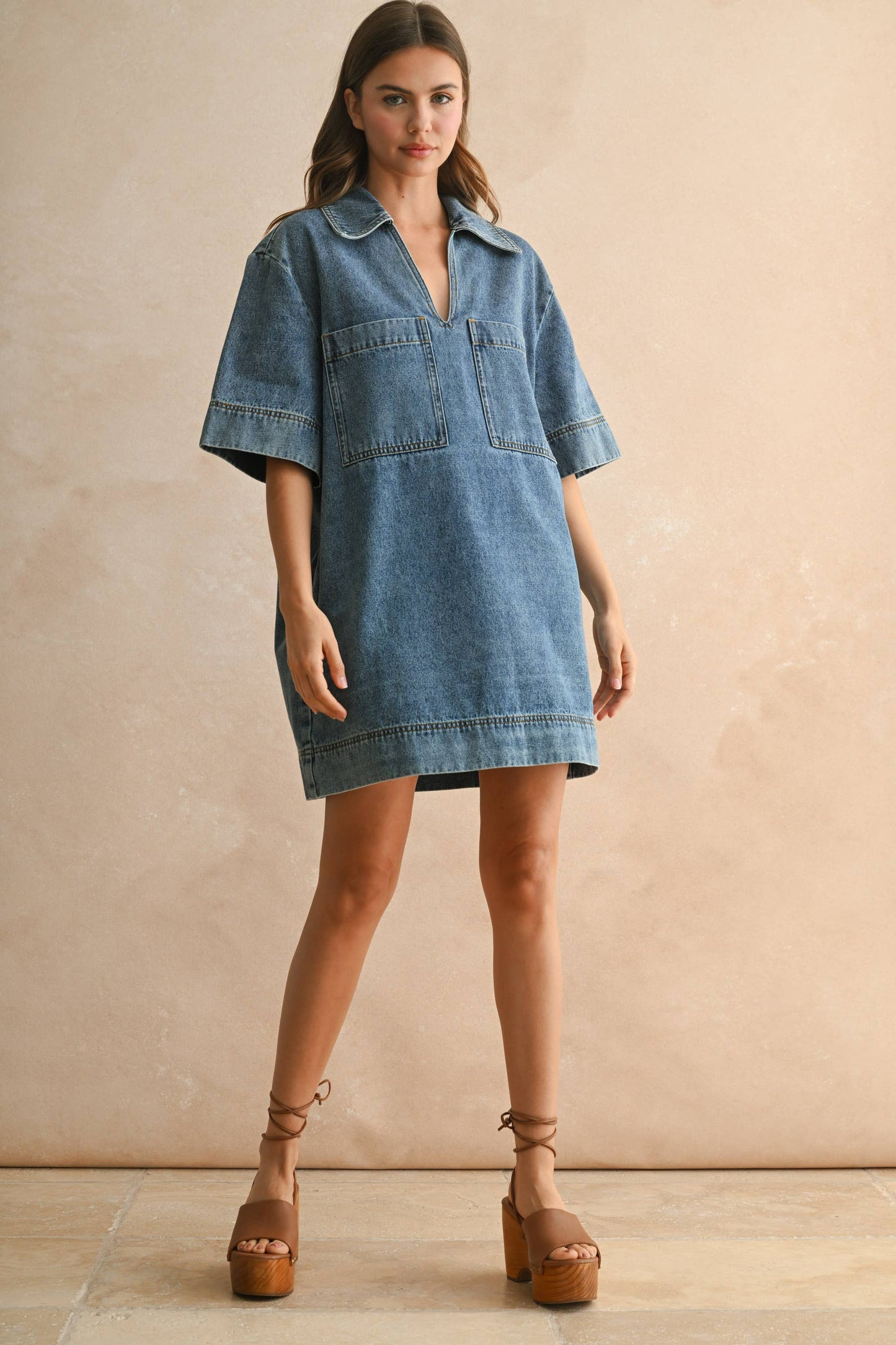 V-NECK DENIM TUNIC DRESS: DENIM