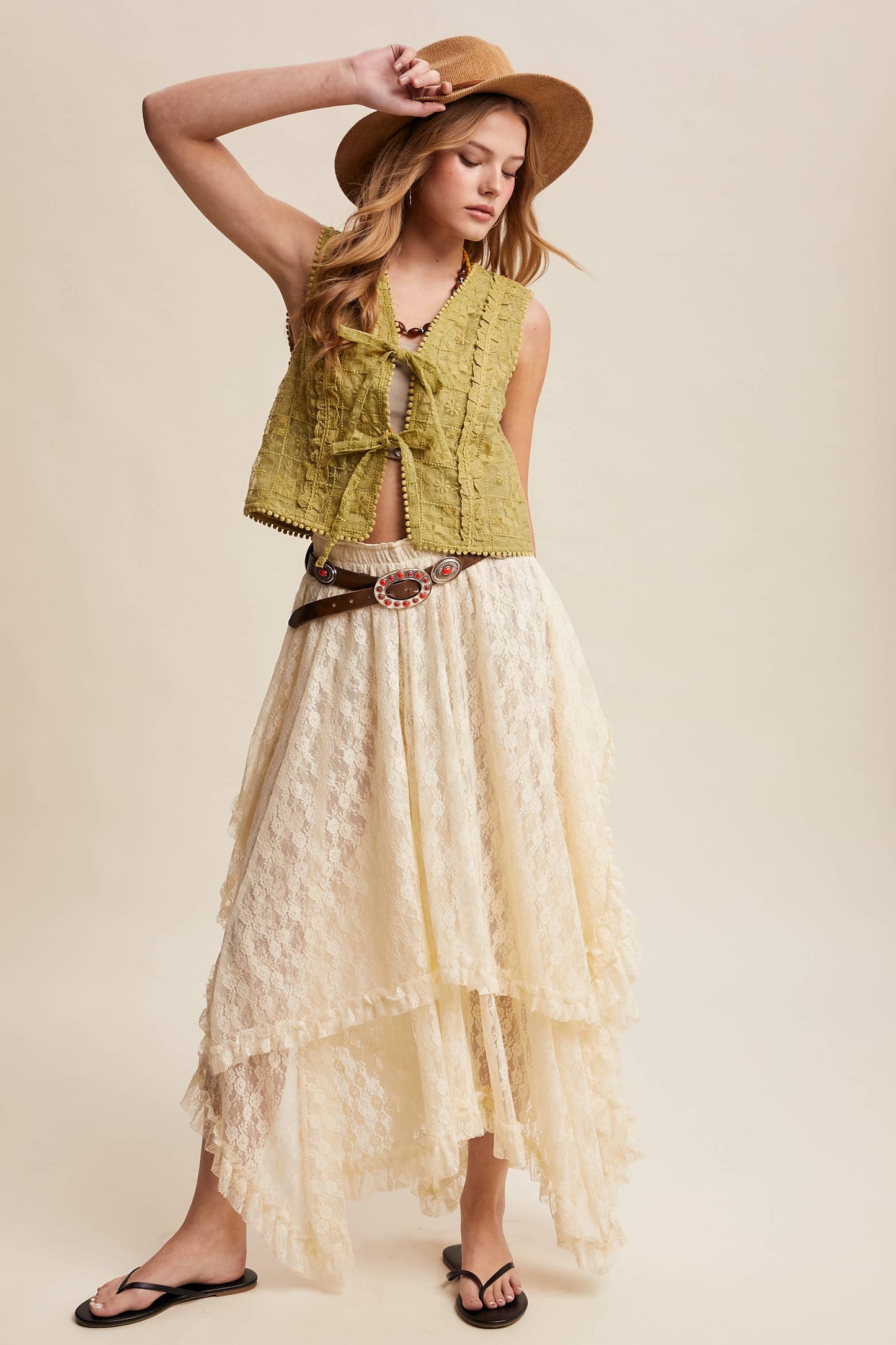 A New Arrival Embroidered Lace Tie-Front : Ecru