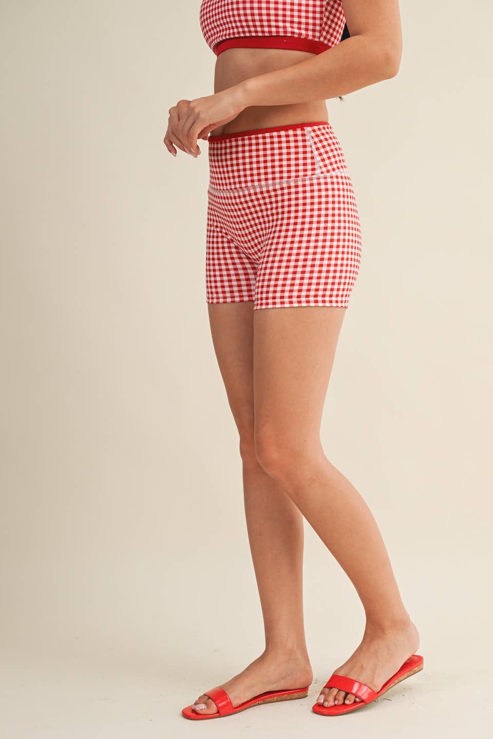 A New Arrival Gingham Print Contrast Binding Biker Shorts: Red Gingham