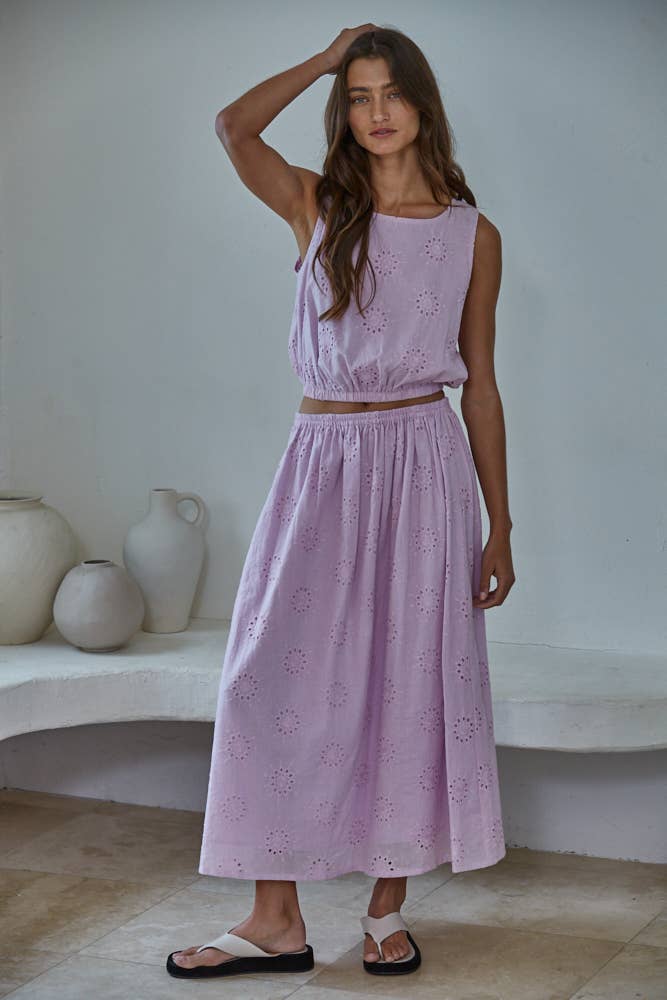 A New Arrival                   Woven Cotton Eyelet Round Neck Sleeveless Crop Top: Lavender