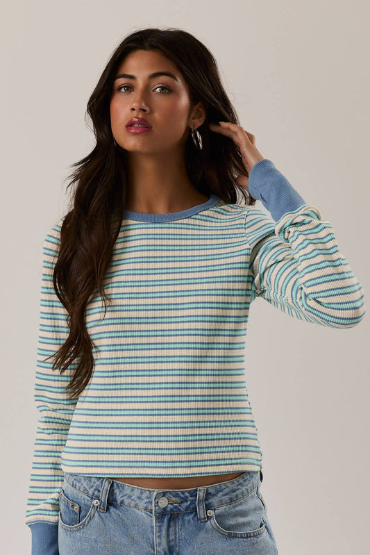 A New Arrival THERMAL LONG SLEEVE WITH THUMB HOLE KNIT TOP: IVORY-LT BLUE STRIPE