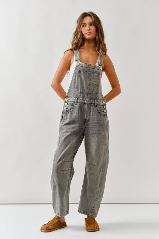 SLOUCHY RELAX FIT DENIM OVERALL: GREY WASH