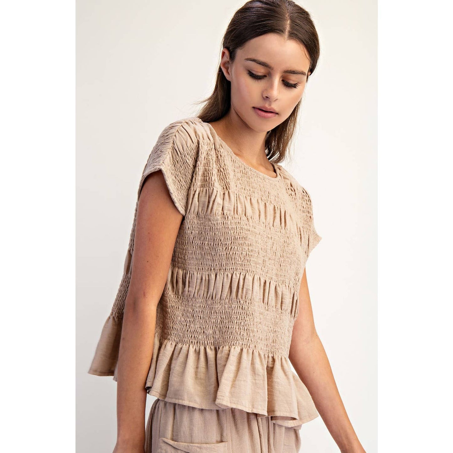 A New Arrival: RUCHED CREW NECK TOP: Taupe