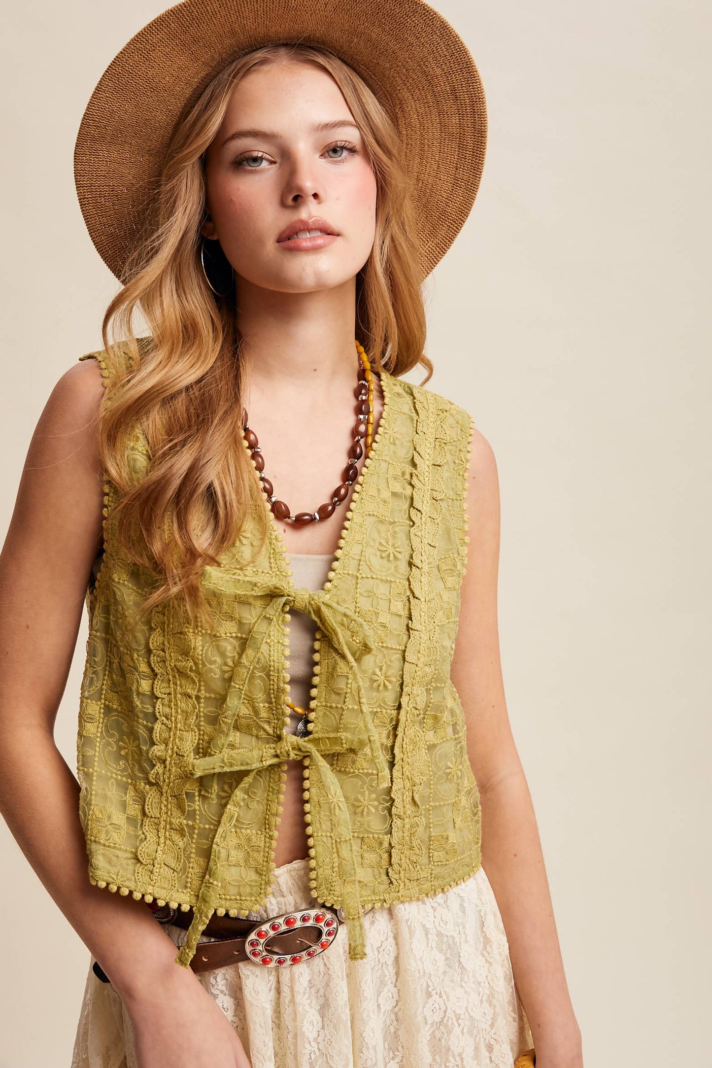 A New Arrival Embroidered Lace Tie-Front : Ecru