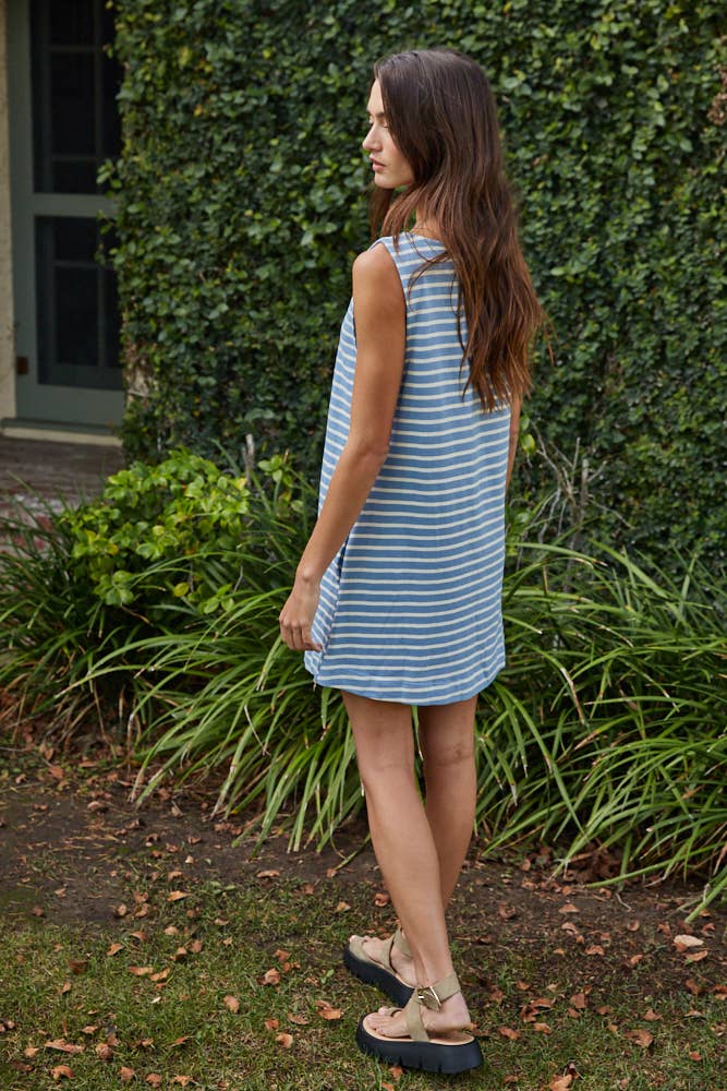 A New Arrival Knit Cotton Striped Round Neck Sleeveless Midi Dress: Sea Blue