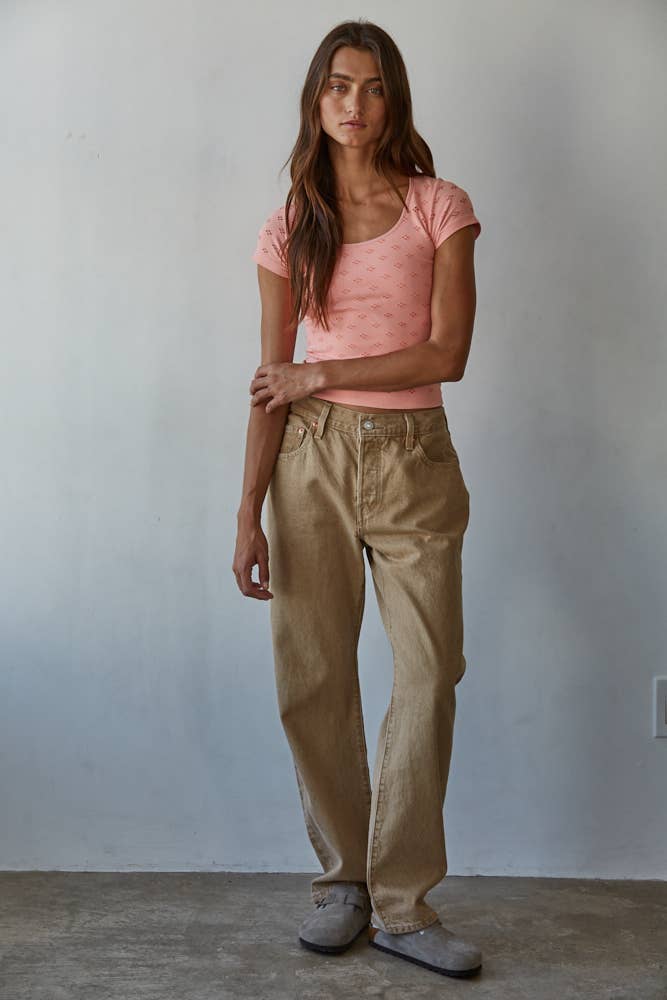 A New Arrival Seamless Eyelet Round Neck Short Sleeve Top: Peaches N Cream