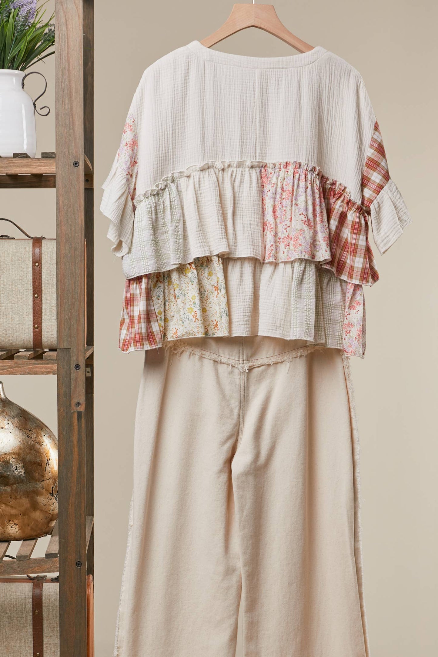 Vintage Patchwork Ruffle Hem Top: Ivory Multi