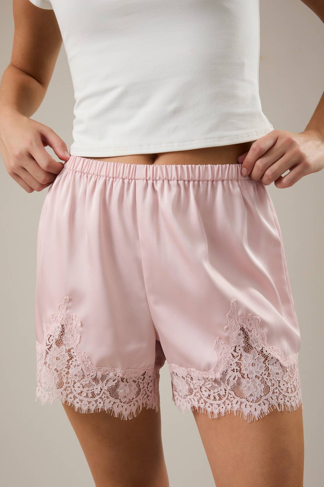 A New Arrival             ELASTIC WAIST MID RISE LACE TRIM SHORTS: Pink