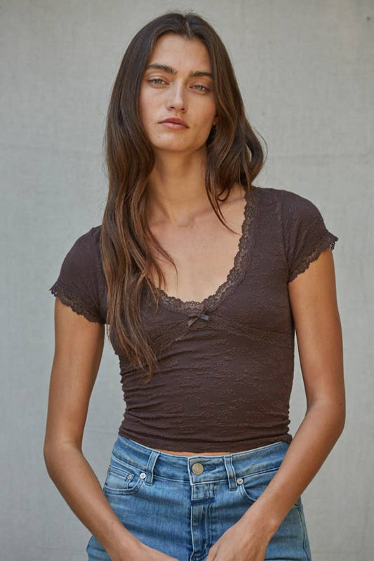 A New Arrival                     Knit Jacquard Pattern Seamless V-Neck Top: Coffee Bean