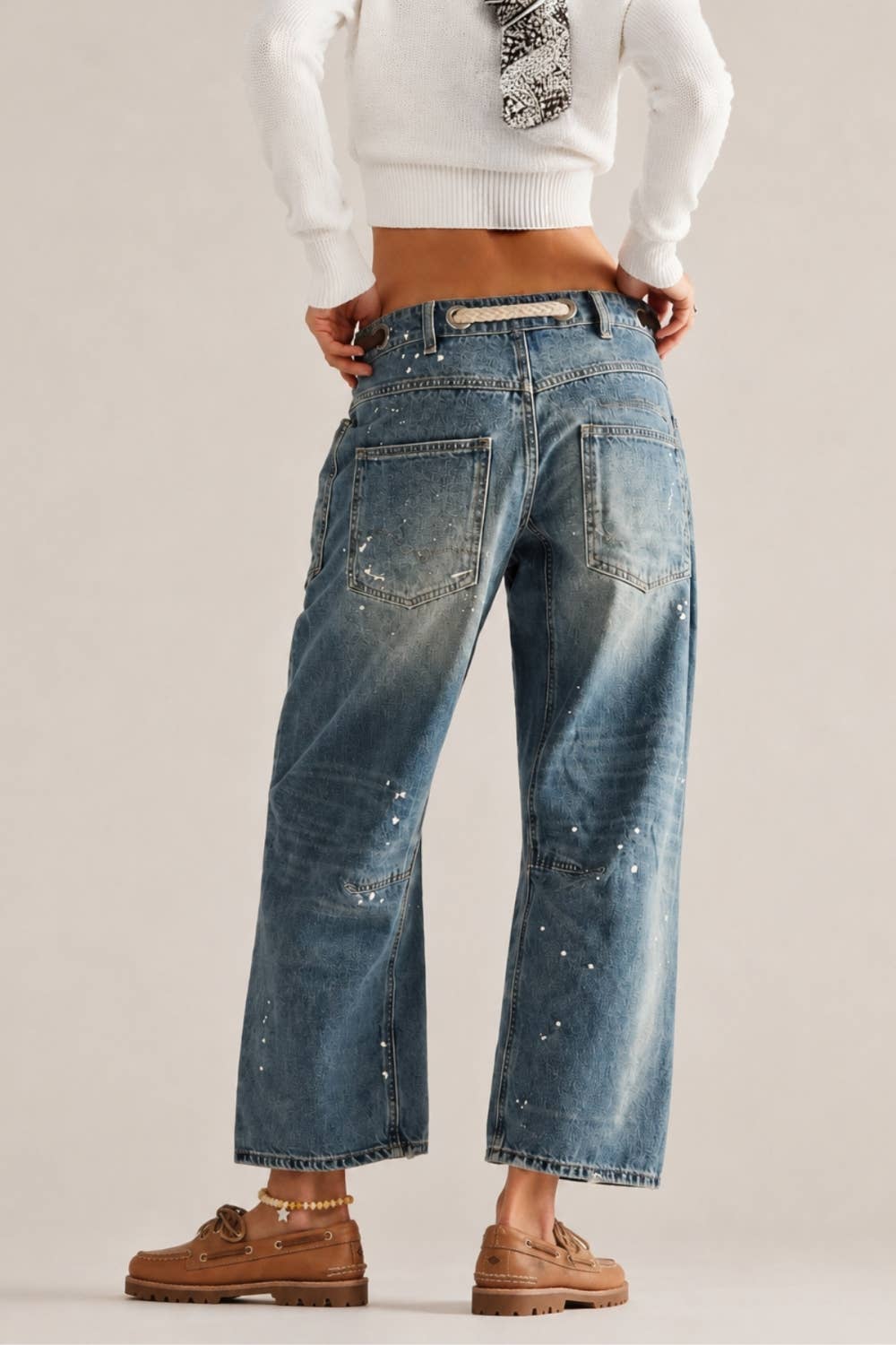 A New Arrival Paint Splatter Rope Tie Barrel Jeans: DARK DENIM