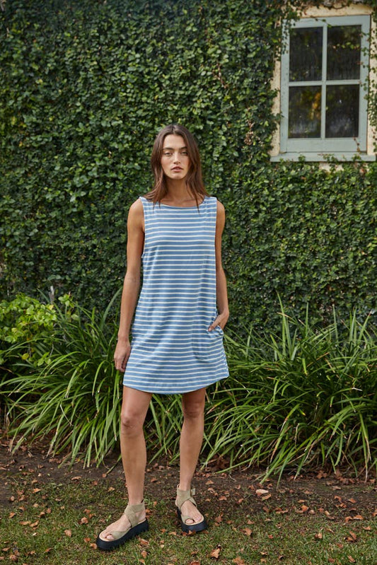 A New Arrival Knit Cotton Striped Round Neck Sleeveless Midi Dress: Sea Blue