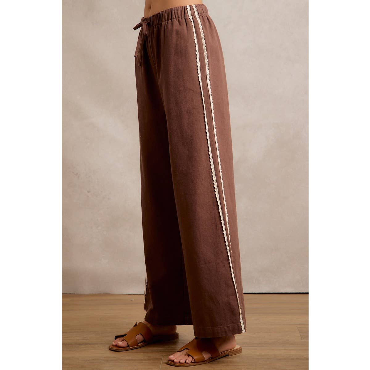 A New Arrival SIDE LACE TRIM COTTON DENIM WIDE LEG PULL ON PANTS: BROWN