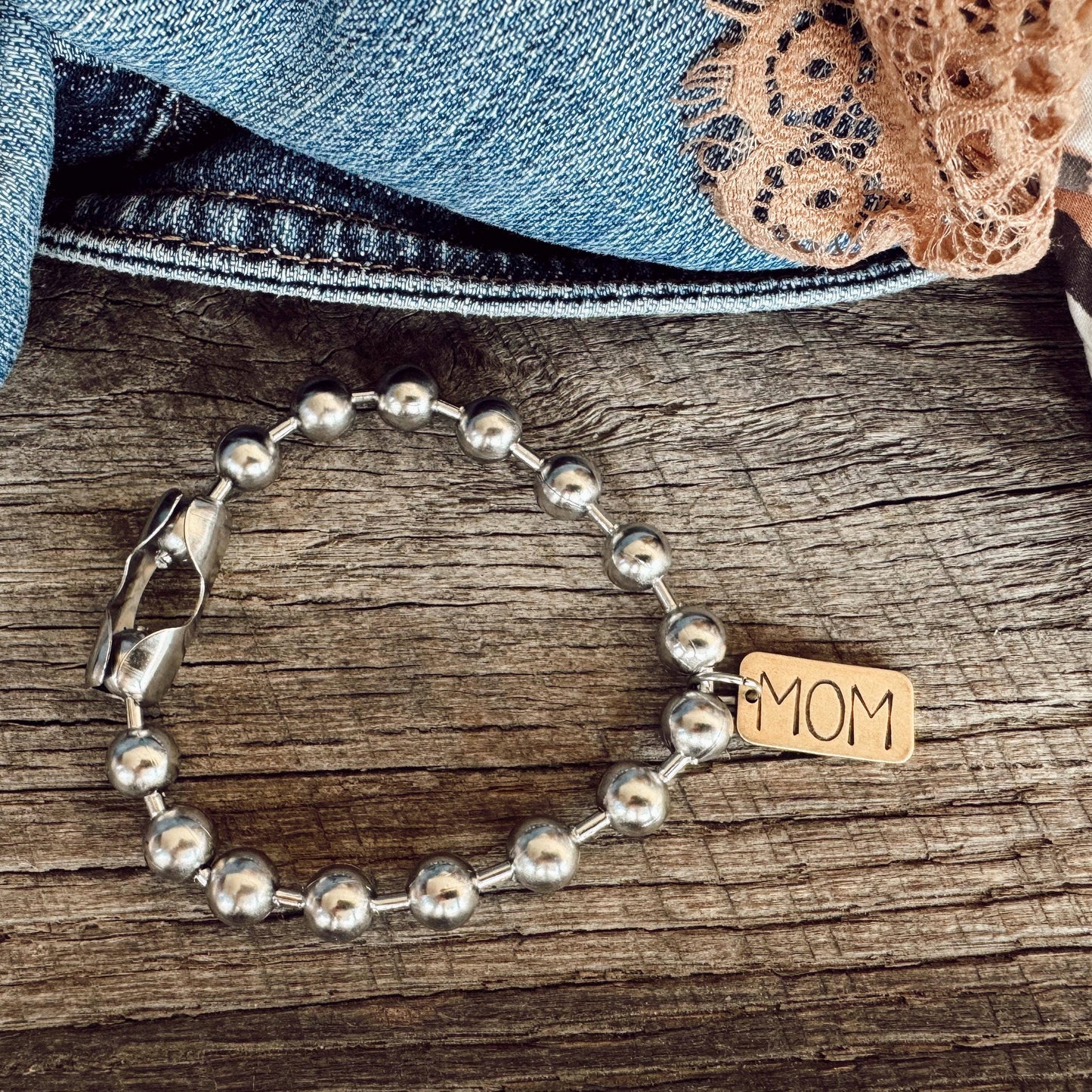 Hand Stamped MOM Brass Tag Bracelet: 7"