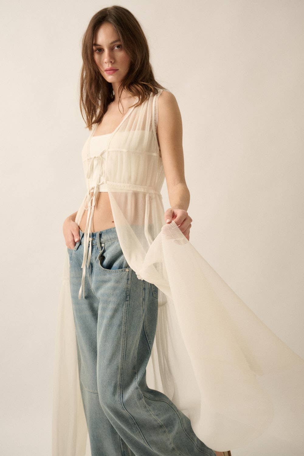A New Arrival                 Sheer Tulle Ruffled Tie-Front Layering Maxi Top: Off White