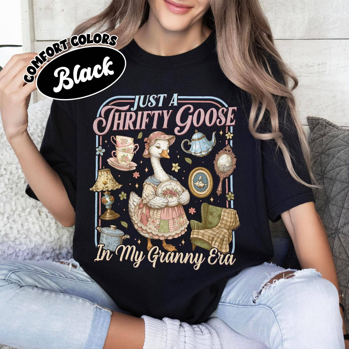 A New Arrival                Thrifty Goose Comfort Colors Shirt, My Granny Era Sweater: Black /Comfort Color T-Shirt