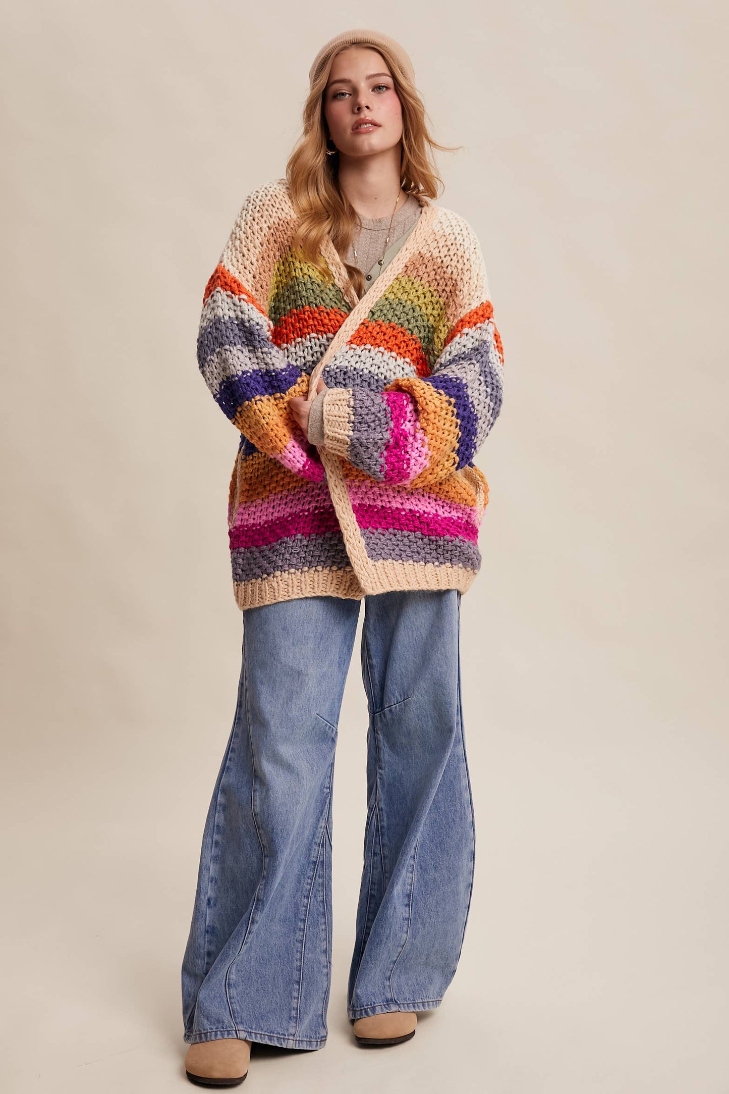 Rainbow Hand-Crochet Open Cardigan: Cream Multi