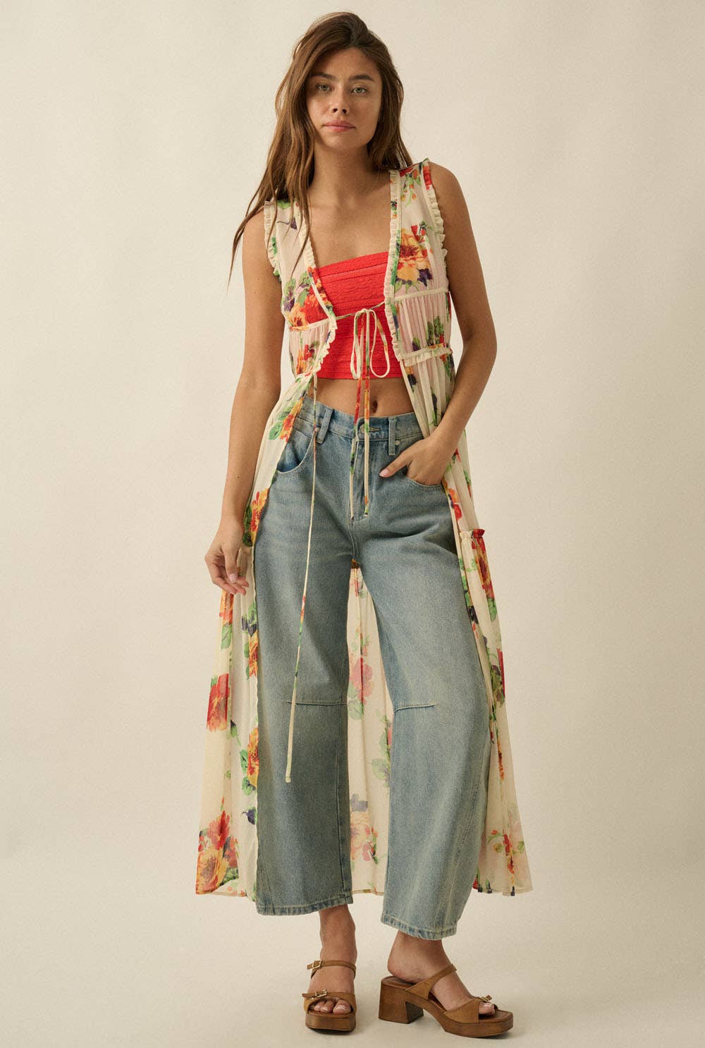 A New Arrival Floral-Print Chiffon Ruffled Sleeveless Tie-Front Maxi Top: Cream