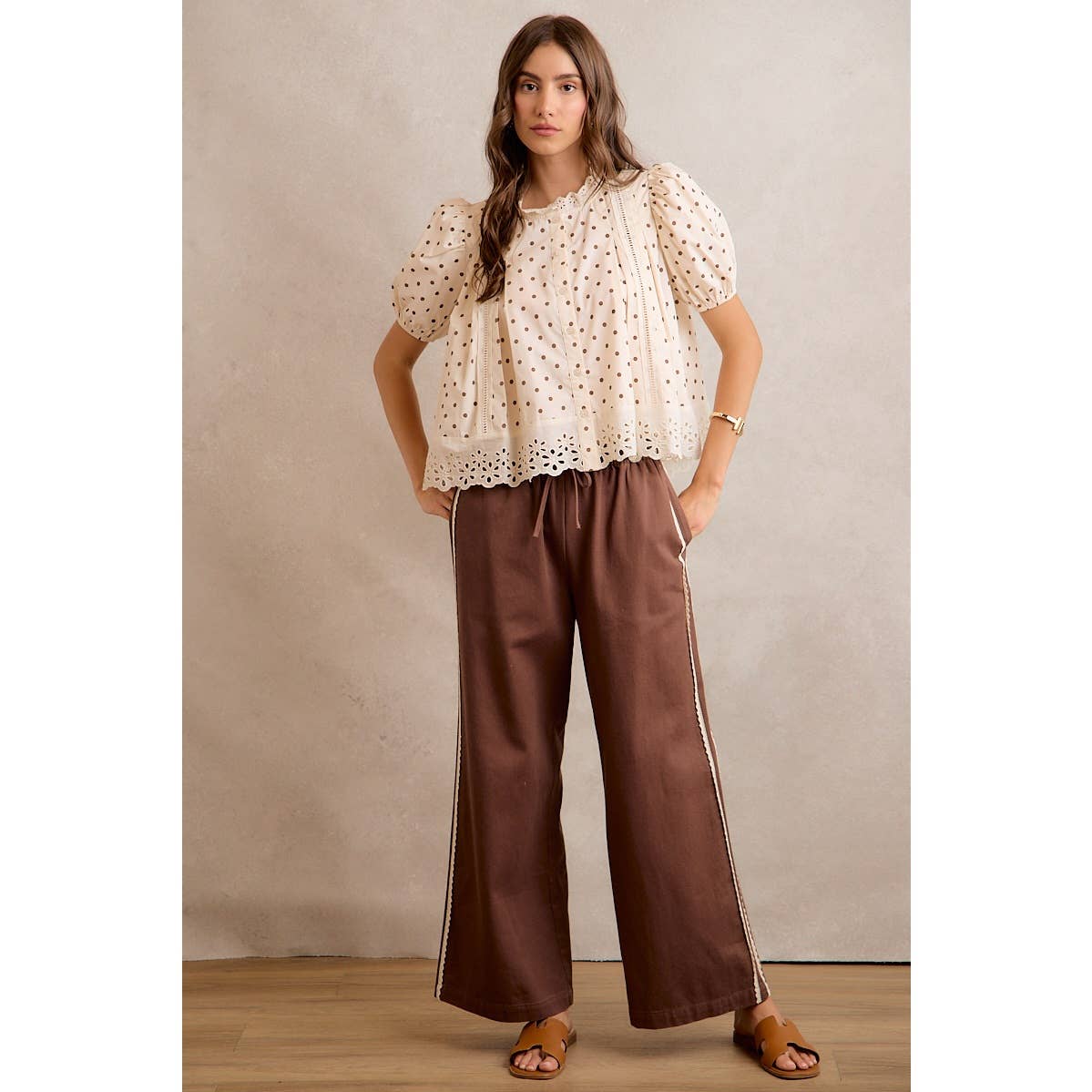 A New Arrival SIDE LACE TRIM COTTON DENIM WIDE LEG PULL ON PANTS: BROWN