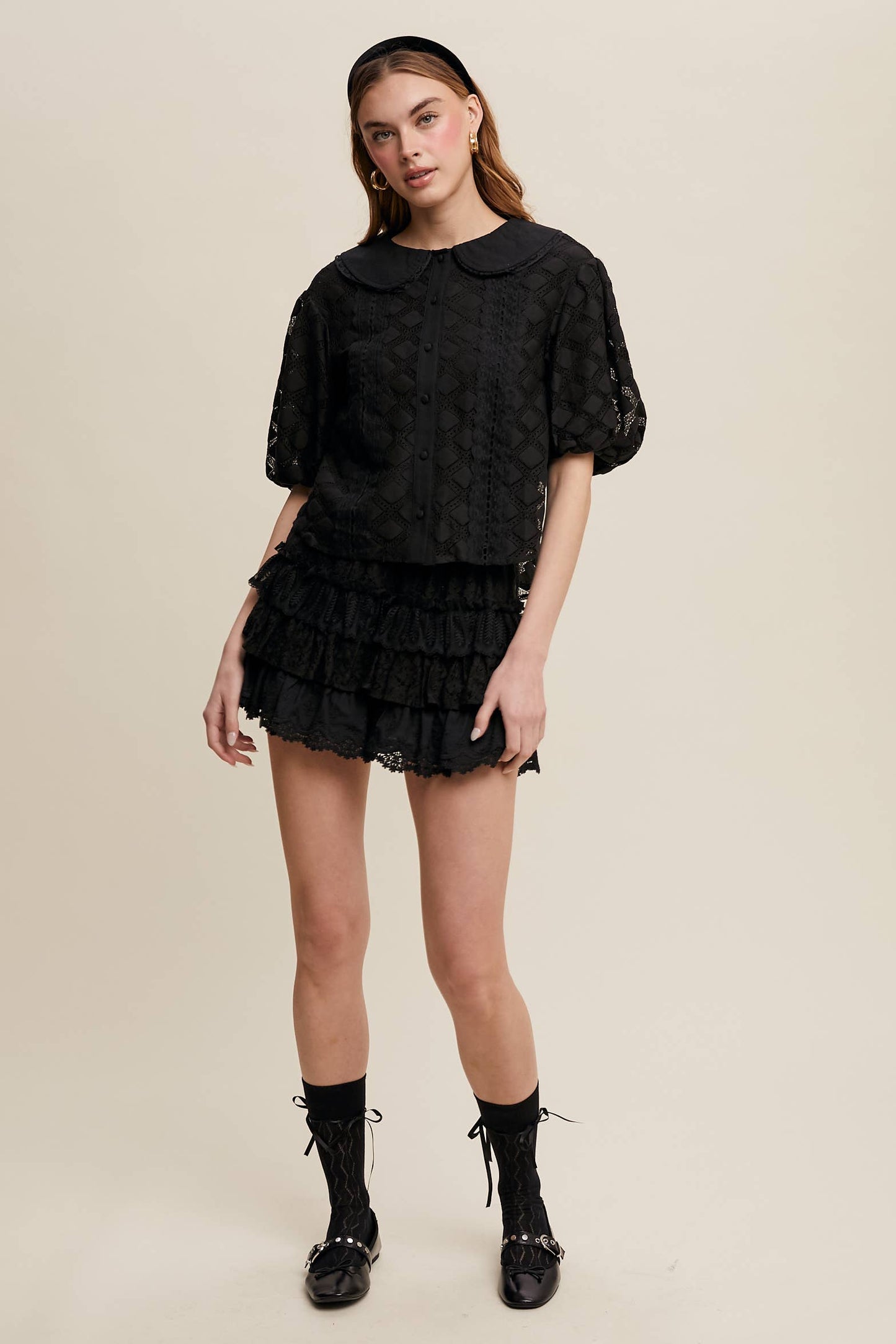 A New Arrival                   Lace Tiered Shorts with Ruffle Details: Cream