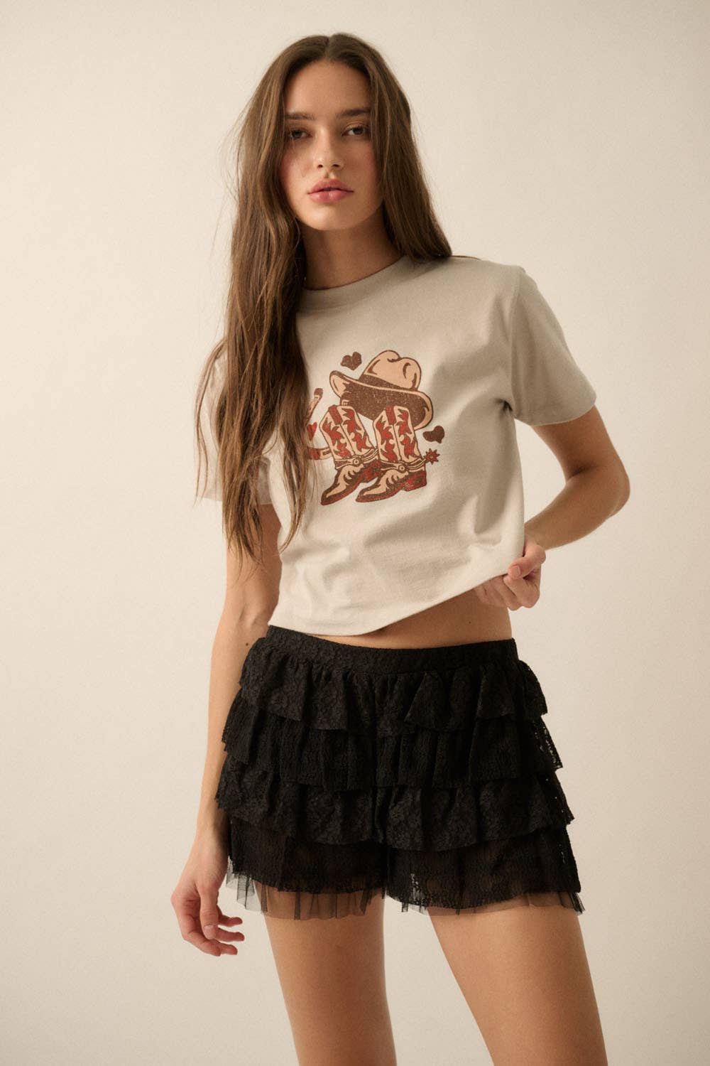 Ruffled Floral Lace and Mesh Bloomer Shorts: Black / L