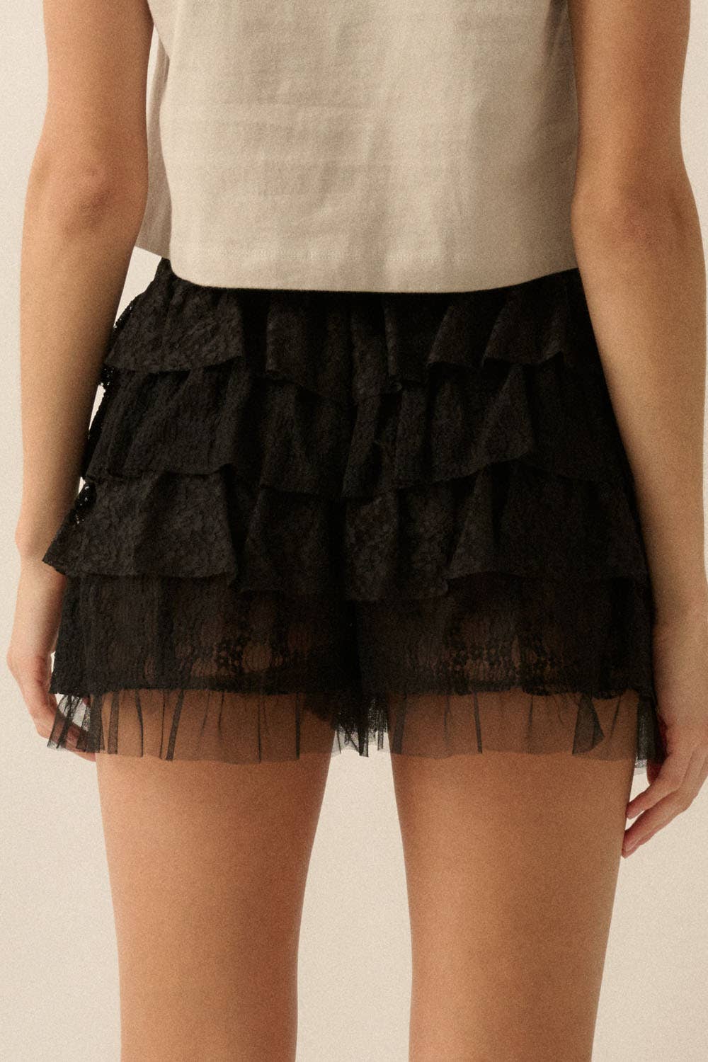 Ruffled Floral Lace and Mesh Bloomer Shorts: Black / L