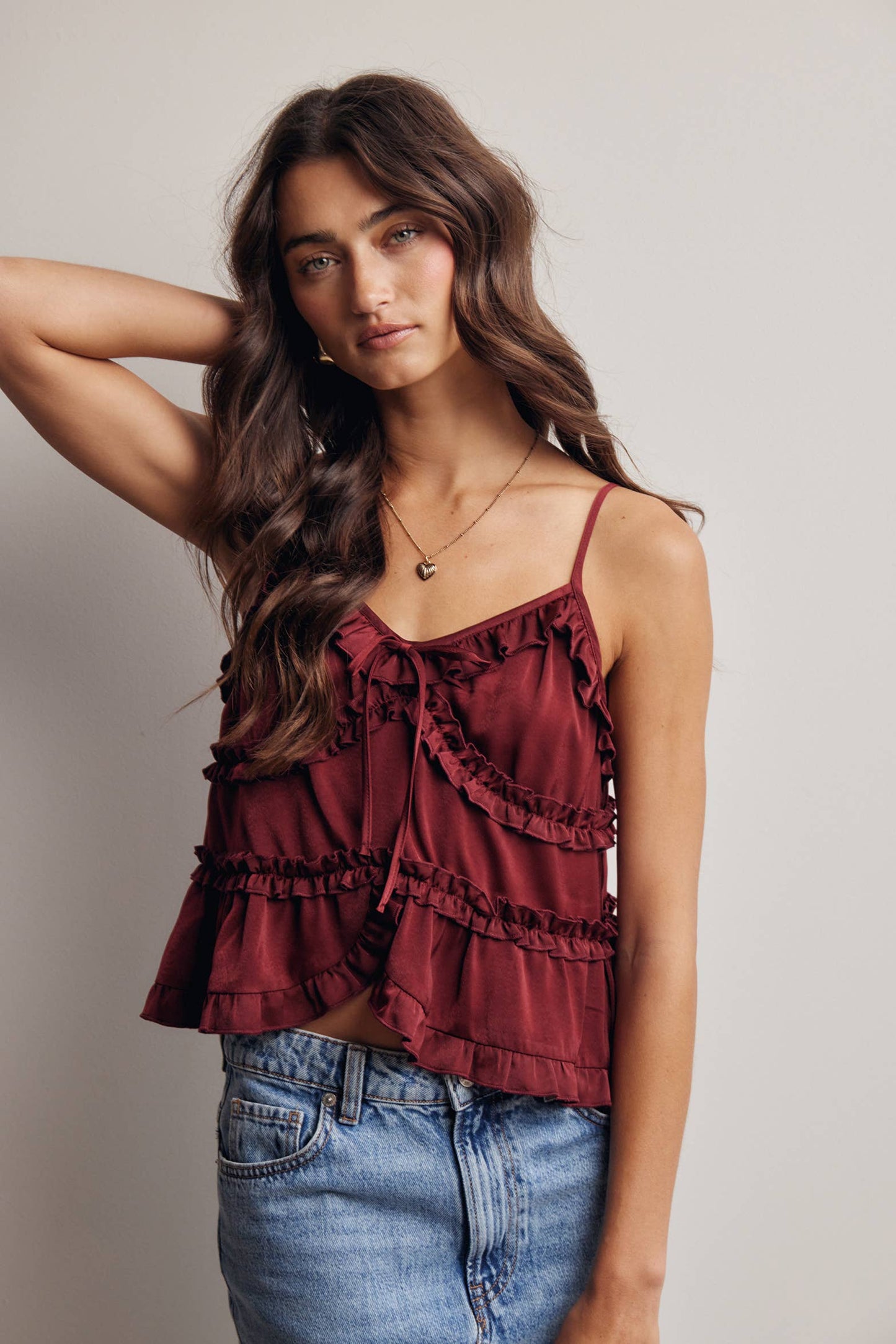 A New Arrival Ruffle Trim Tie Front Cami Top: Burgundy / Contemporary