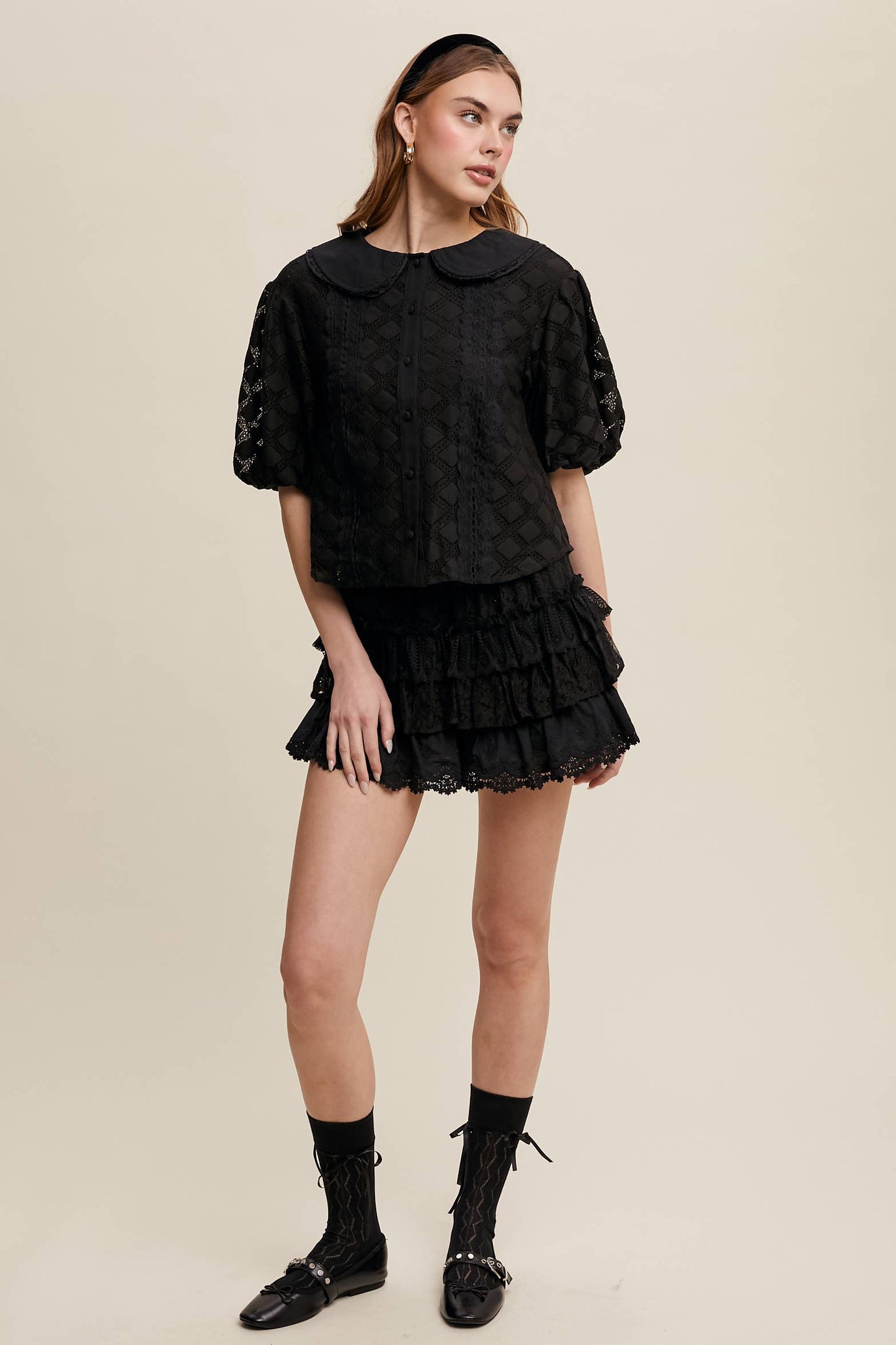 A New Arrival                   Lace Tiered Shorts with Ruffle Details: Cream