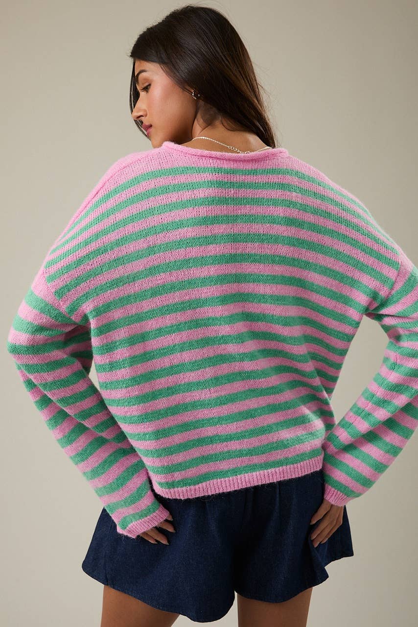 A New Arrival                 LONG SLEEVE ROLLED HEMLINE DETAIL STRIPE HALF BUTTON SWEATER: BLUE-YELLOW STRIPE