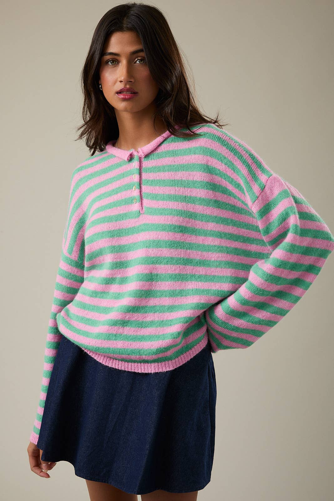 A New Arrival                 LONG SLEEVE ROLLED HEMLINE DETAIL STRIPE HALF BUTTON SWEATER: BLUE-YELLOW STRIPE