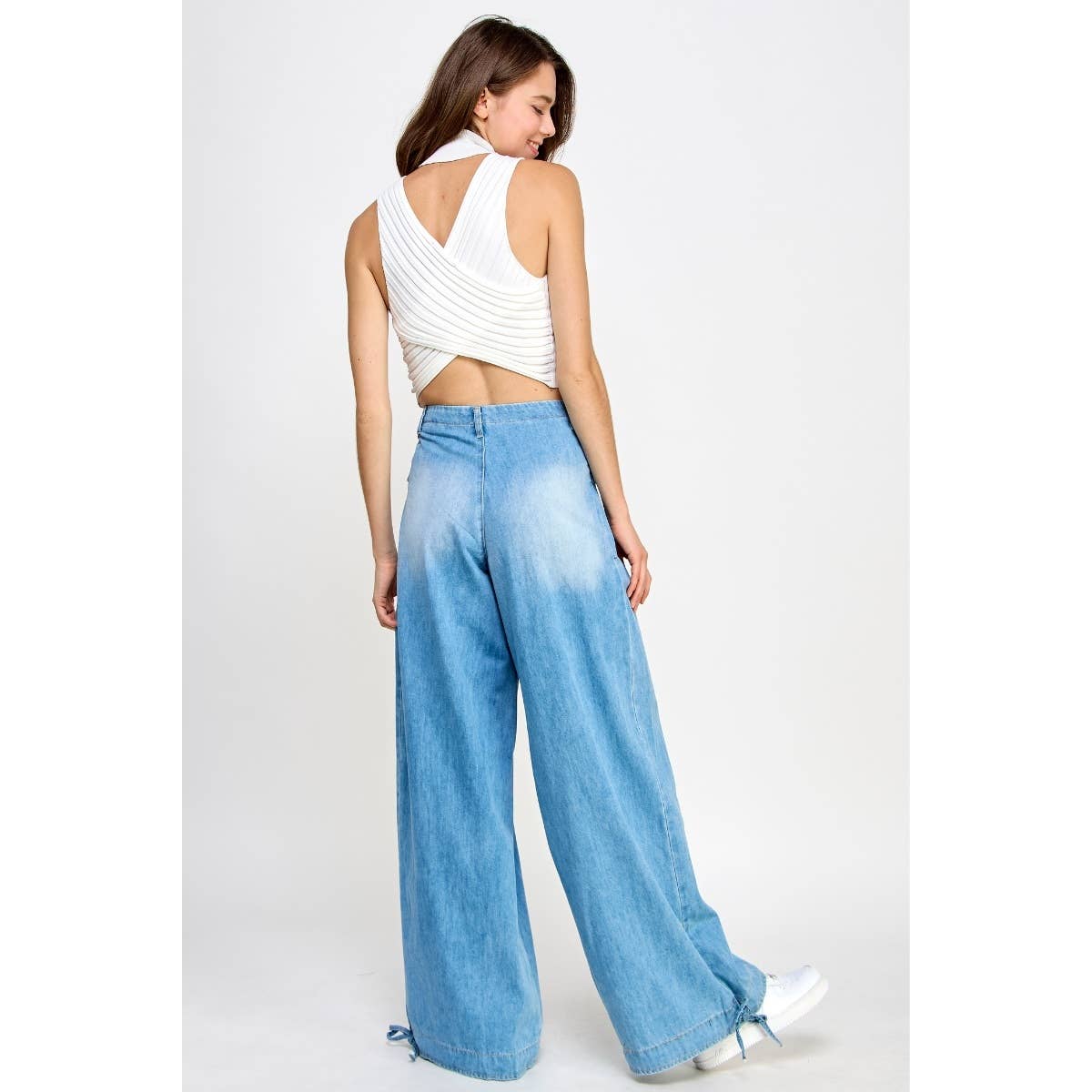 A New Arrival Ankle Drawstring Wide Denim Pants: Light Wash