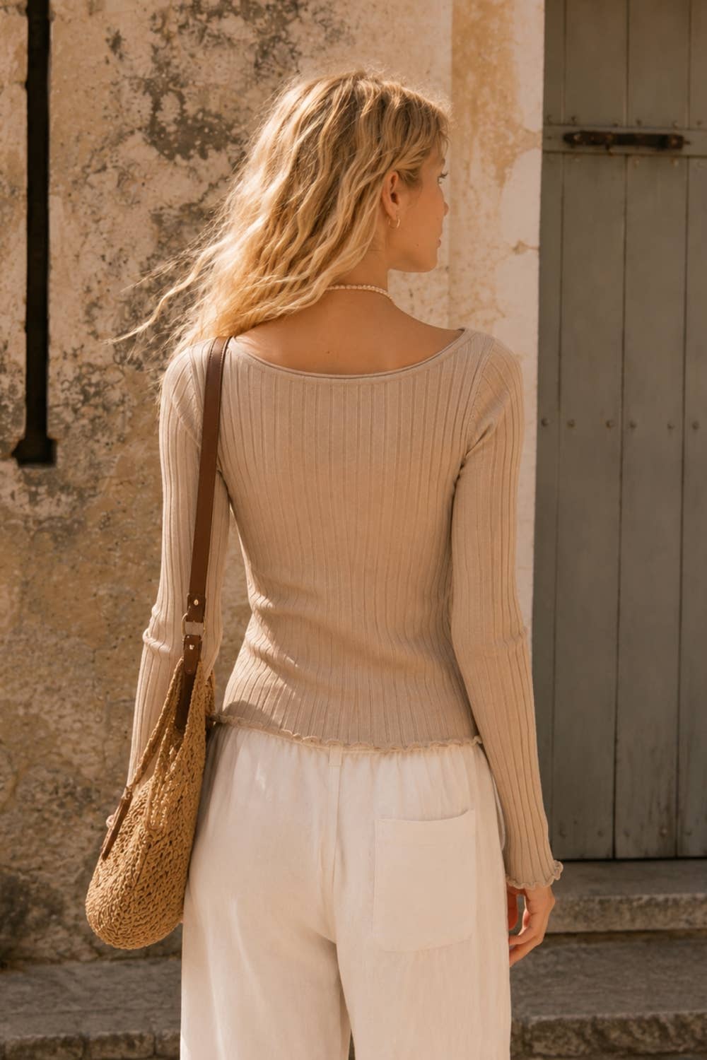 A New Arrival SOFT WIDE RIBBED BOAT NECK FITTED TOP: Sand