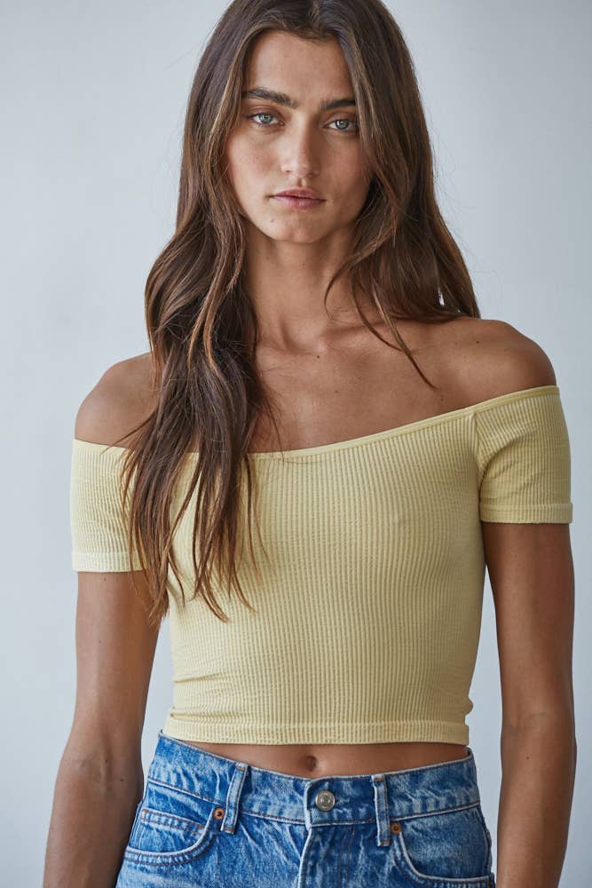 A New Arrival Knit Seamless Ribbed Off Shoulder Crop Top: Butter Yellow