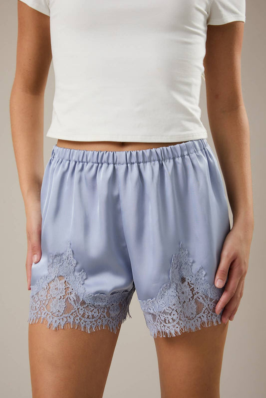 A New Arrival ELASTIC WAIST MID RISE LACE TRIM SHORTS: BABY BLUE