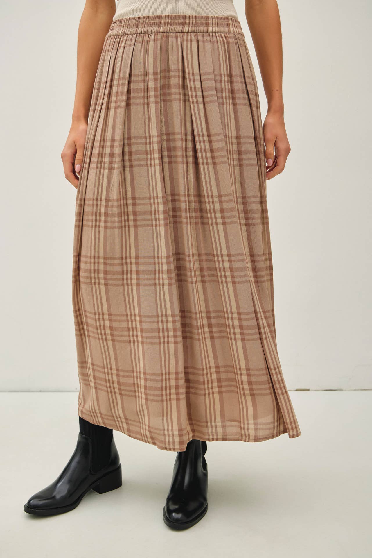 PLAID PRINTED PLEATS MIDI SKIRT : SPRUCE