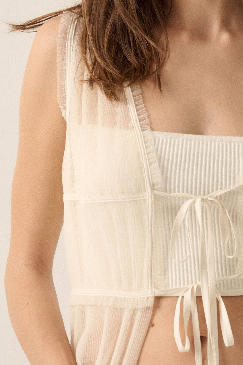 A New Arrival                 Sheer Tulle Ruffled Tie-Front Layering Maxi Top: Off White