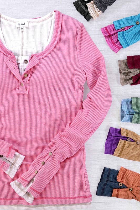 Ribbed Henley Neck Stitched Fitted Long Sleeve Top: Pink