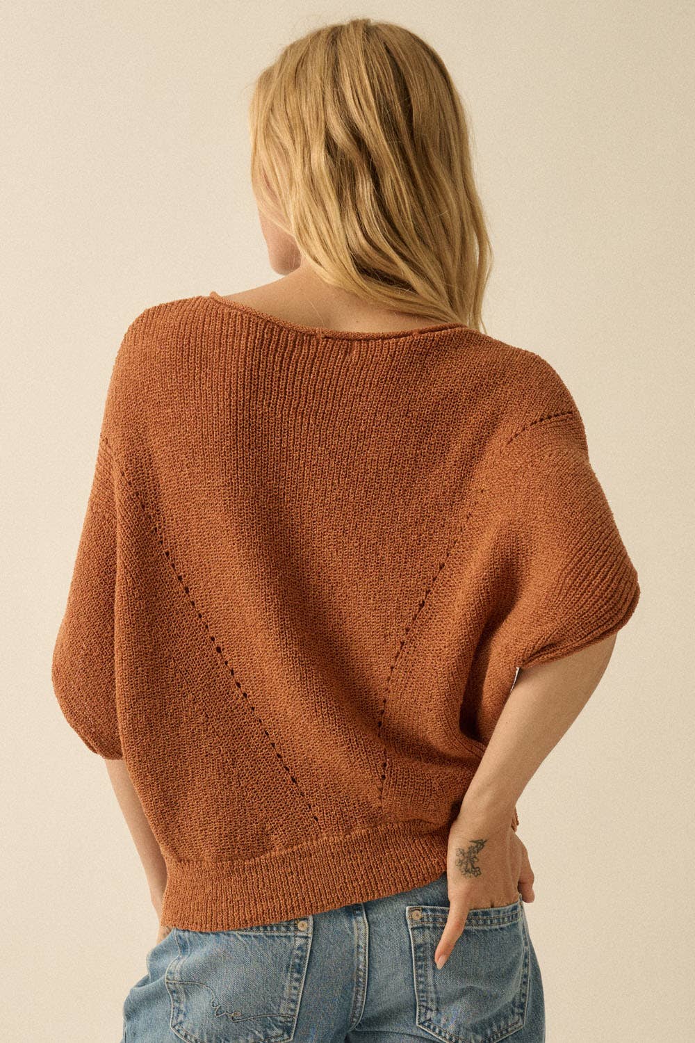Short-Sleeve Pointelle Ribbed Knit Sweater: Espresso