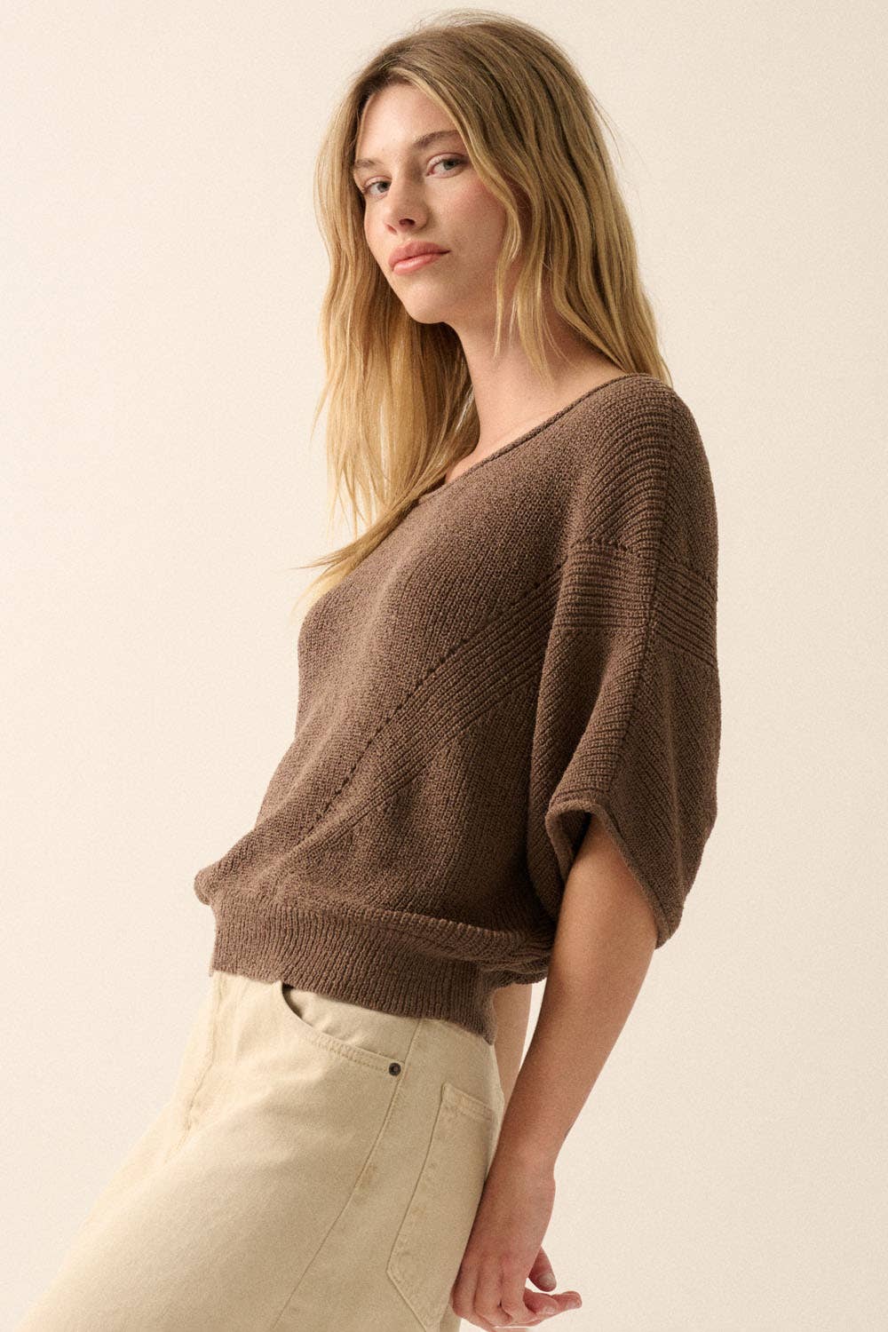 Short-Sleeve Pointelle Ribbed Knit Sweater: Espresso